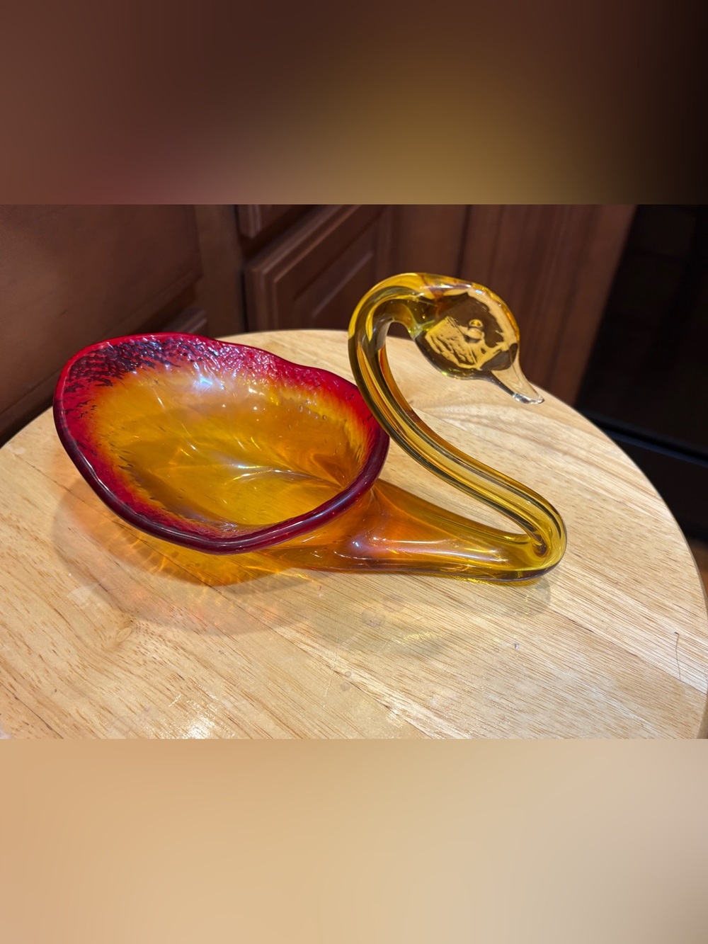 Art Glass Swan Dish - Amber and Red Decorative Bowl